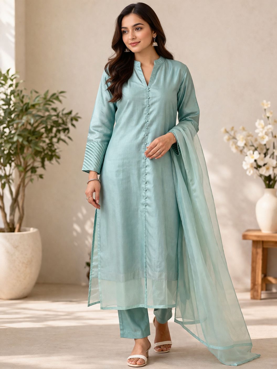 SEA GREEN ORGANZA KURTA SET WITH FRONT CUT